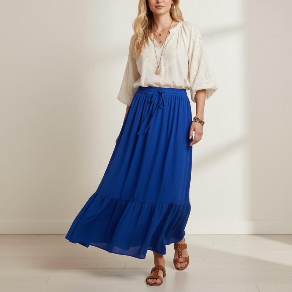 Pinup Fashion Maxi Skirt Size XL Blue Tiered Drawstring Boho Flowy NWT